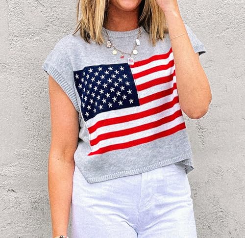 Image of Womens American Flag Sweater Cap Sleeve Summer Crop Tops Crew Neck Loose Fit Knit Sweater Pullover Top