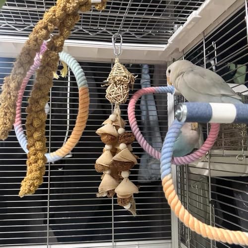 Image of 3 Pcs Bird Perch Rope Stand & Swing Ring Set Climbing Rope Playing Toys for Bird Cages Colorful Stand Perches for Parrots Lovebird Cockatiels