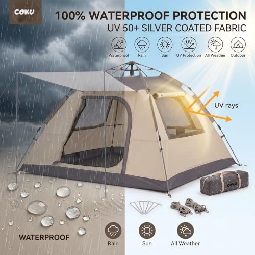 Image of Coku Automatic Camping Tent for 6 Person, Instant Pop-Up Waterproof Tent with UV Protection, Lightweight Portable Outdoor Tent for Camping, Hiking, Trekking, Beach & Travel