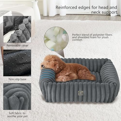 Small Dog Bed with Wave-Textured Design, Washable Rectangular Pet Bed, Calming Soft Fluffy Puppy Bed, Non-Slip Waterproof Dog Bedding, Grey, S(50x48x15cm) - Image 4