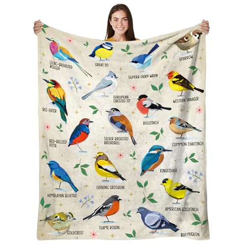 HEIFAM Bird Alphabet Blanket, Bird Gifts for Kids Men Women, Easily Distracted by Birds Print Blanket Colorful, Birthday Gift for Boys Girls, Kingfishers Rock Pigeon House Sparrow Birds, 50''x60''