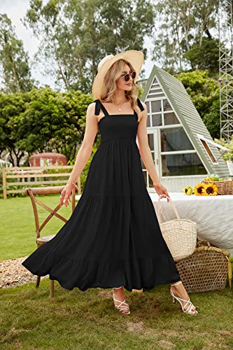 Women's Summer Boho Spaghetti Strap Square Neck Ruffle Casual Flowy Long Dress Beach Swing Party Maxi Dress Black - Image 3