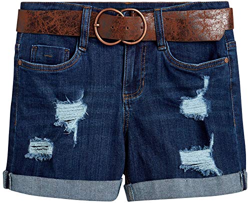 dollhouse Women's High Waist Stretch Denim Shorts with Belt and Folded Hem, Size 7, Dark'