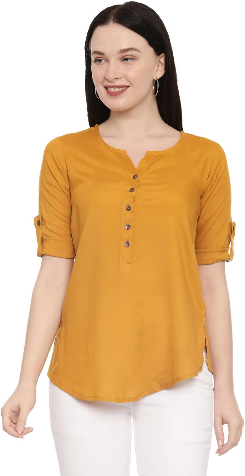 Ishwari FabWomen's Solid Casual Rayon Top with 3/4th Roll-Up Sleeve