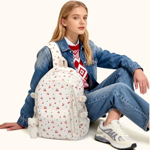 TIAASTAP Aesthetic School Backpack Cute Preppy School Bags for Girls - Coquette Schoolbag Floral Print Back Pack for Teenage College Primary Secondary Middle School (A03 Cherry)