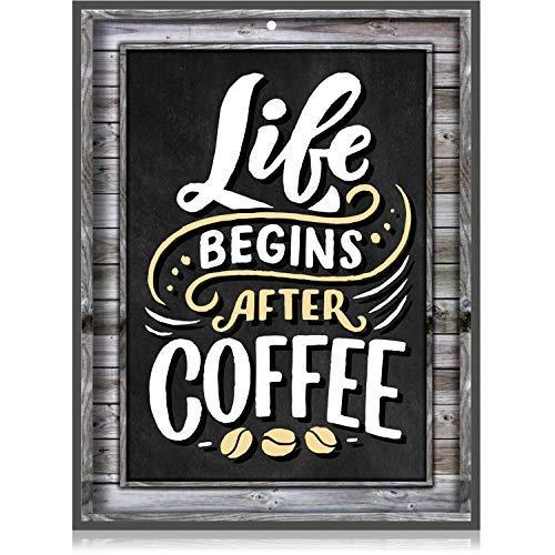 Coffee Signs Kitchen Decor - Life Begins After Coffee Wall Decor Sign - 1175 inch x 9 inch - Rigid Thick PVC - for Home Coffee Station Coffee House Menu - Printed Wood Frame and Chalkboard Look