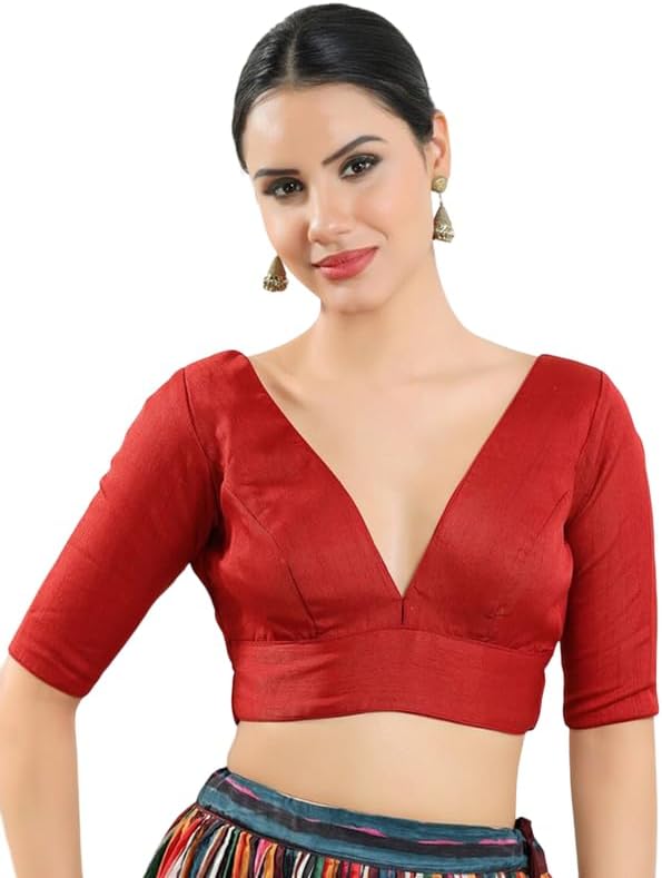 Dupion Silk Solid Non Padded Saree Blouse Top V-Neck Short Sleeves Hook and Eye Closure and Tie-Up Back Choli