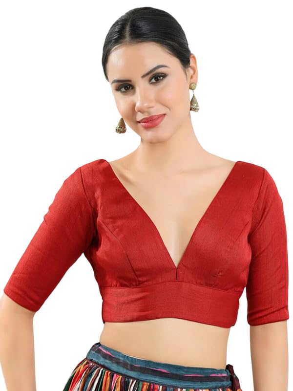 Image of Dupion Silk Solid Non Padded Saree Blouse Top V-Neck Short Sleeves Hook and Eye Closure and Tie-Up Back Choli