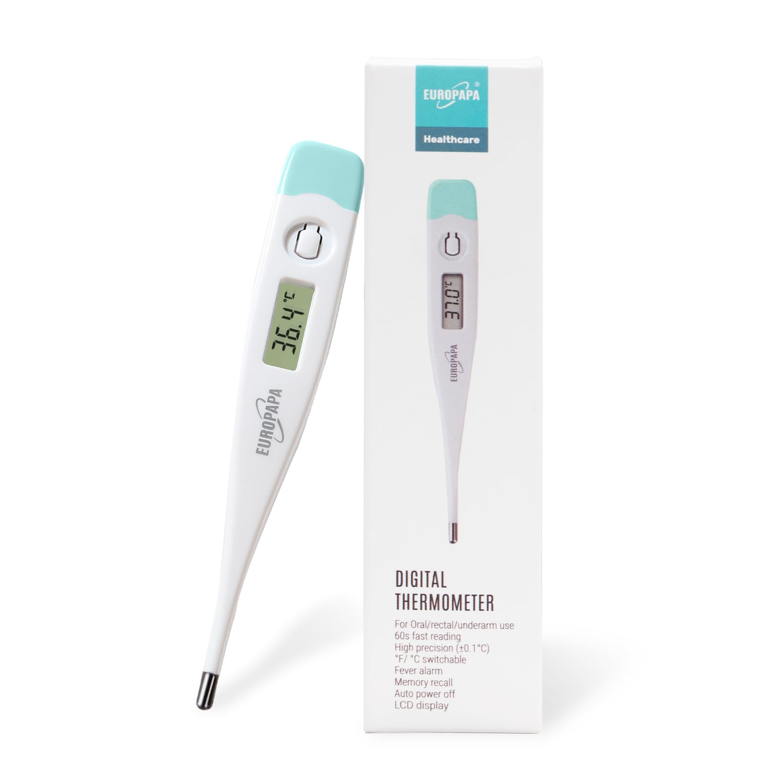 EUROPAPA TermÓMetro Digital De Fiebre Para BebÉS, Niños Y Adultos, TermÓMetro Para Uso Oral, Axilar O Rectal, Resistente Al Agua Con Alarma De Fiebre (Verde)
