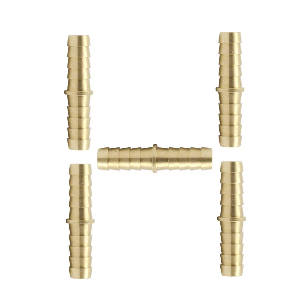 Vis Brass Hose Barb Fitting, Splicer/Union/Mender, 1/4" Barbed x 1/4" Barbed Fuel Line Connector (Pack of 5)