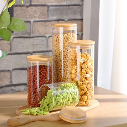Image of Qinyoung Glass Storage Jars with Wooden Lids, 4 Sizes Food Storage Containers Clear Stackable Canisters Airtight Glass Jars for Candy Cookie (Clear, Light Brown, 23oz 34oz 47oz 58oz, 24 Pcs)