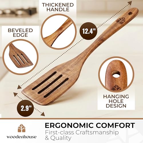 Image of Wooden Spatula for Cooking - Non-Scratch, Sturdy, Natural Teak Cooking Utensils - Easy to Clean Wooden Spatula Set with Turner, Scraper, Slotted & Frying Wood Spatulas, Jar Scraper, Spoonula - 6 Pcs