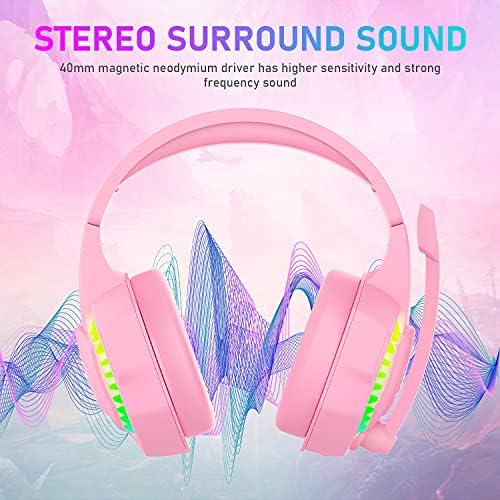RGB Gaming Headset, 5.1 Channel Stereo Surround Sound, 3.5mm Wired LED Over-Ear Comfort Headphone with Noise Cancelling Mic & In-line Volume Control for PC Xbox One PS4 Laptop Mac Smart Phone (Pink)