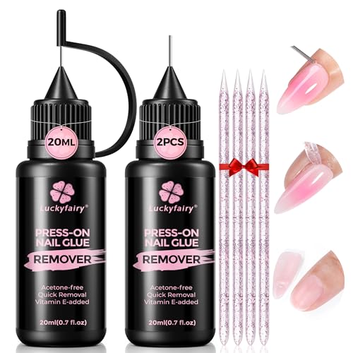 Pinpoint Press On Nail Remover: 2PCS 20ml Non-Acetone Nail Glue Remover with Cuticle Pusher,...