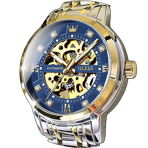 Image of OLEVS Men's Gold Skeleton Watch Automatic Mechanical self Winding Luxury Dress Stainless Steel Waterproof Luminous Wrist Watches