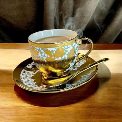 Image of DMRD-Elegant Ceramic Tea 18 Piece Set |Gold-Plated Cups with Saucers Spoons | Luxury Floral Designer Gift |Home & Party Tea Set with Kettle | Ceramic Pot Floral Aesthetic | Crockery (Blue)