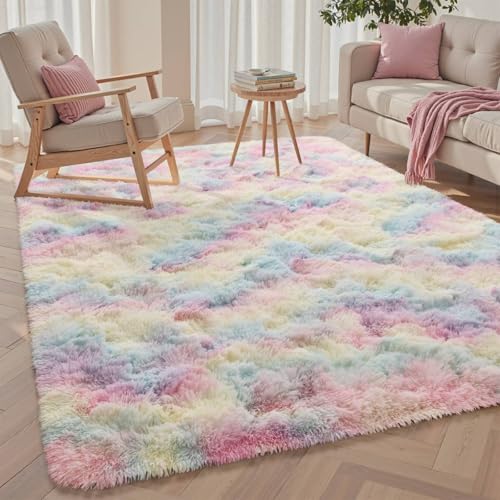 3x5 ft Fluffy Rainbow Area Rug for Bedroom Soft Fuzzy Living Room Rug Non-Slip Shag Rugs Carpet for Nursery Kids Play Room Dorm Office Indoor 1.7'' Thick Modern Plush Carpets