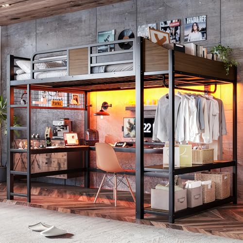 Image of Bellemave Full Size Metal Loft Bed with L-Shaped Desk, LED Lights & Charging Station, Heavy Duty Loft Bed Frame with Hanging Rod and Storage Shelves for Kids, Teens & Adults, Space Saving,Black