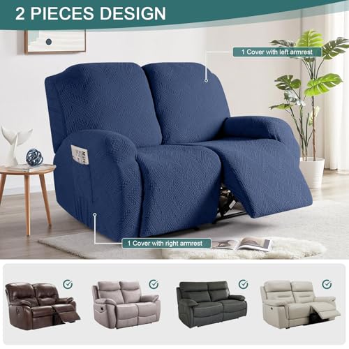 Image of Ruaozz Recliner Sofa Covers Recliner Chair Covers Loveseat Recliner Slipcovers with Pockets Washable Furniture Protector with Elastic Bottom (2 Seater, Dark Blue)