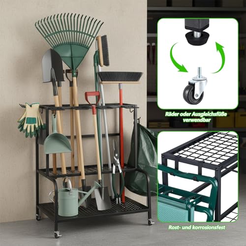 Caossuixin Gartengeräte Ständer 61X41X66cm Gerätehalter Organizer mit 78 Ablagefächern, Gartengeräteaufbewahrungsregal mit 11 Haken und 360° Schwenkbaren Rädern, Metall Gartenwerkzeug Halter Schwarz