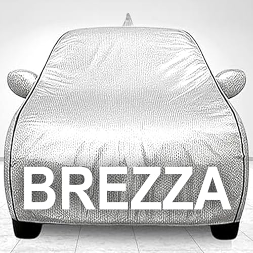 Image of 100% Waterproof Car Cover for Brezza UV Protection, Dustproof, Windproof | Custom Fit with Mirror Pockets, Belt & Buckle | All Weather Outdoor Body Cover (Silver, Brezza)