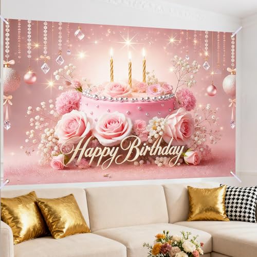 Image of Nuxovilar Luxury Birthday Banner Backdrop 71 inchx43 Polyester | Elegant Pink & Gold Floral Banner poster photo backdrop milestone decoration birthday hanging yard lawn living room