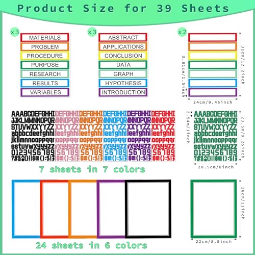 AKONEGE 39 Sheets Science Fair Board Supplies 24 Self Adhesive Presentation Science Subtitles 6 Science Fair Project Titles 2 Blank Titles 7 Personalized Letter Stickers for Classroom Office, Colorful - Thumbnail 2