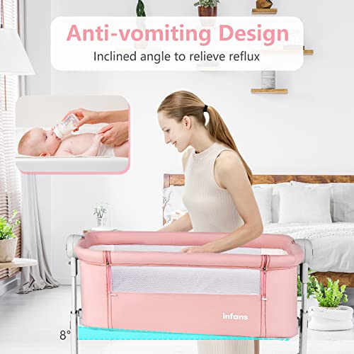 Infans 3 In 1 Baby Bassinet, Folding Bedside Sleeper Crib With Mattress Pad, Height Angle Adjustable, Portable Rocking Cradle With Wheels Storage Basket Travel Bag For Infant Newborn (Pink) #TOP7
