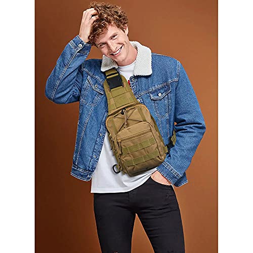 flintronic Taktische Sling Rucksack,Brusttasche mit Verstellbarem, Militär Schultertasche,Umhängetasche,Rucksack Schultertasche mit Karabiner für Outdoor Sport Camping Wandern - Khaki