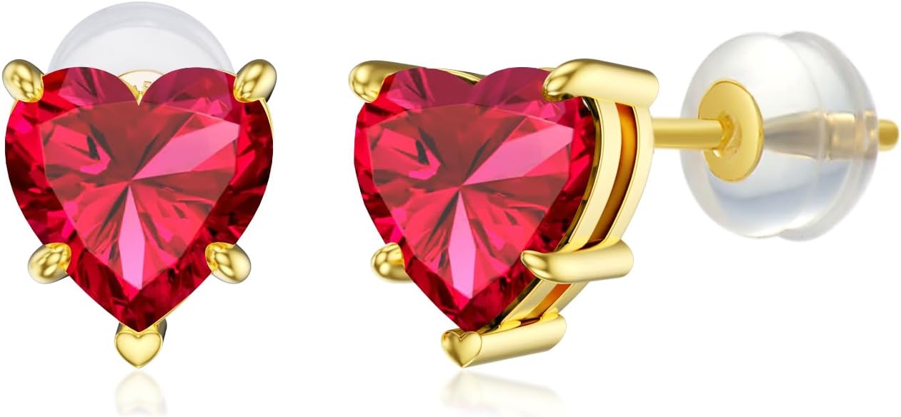 14k Real Gold Love Heart Gemstone Birthstone Stud Earrings for Women 1 carat Heart-cut Created Birthstone Earrings Jewelry Gifts for Anniversary Birthday for Her Wife