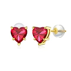 NFYBD 14k Real Gold Love Heart Gemstone Birthstone Stud Earrings for Women 1 carat Heart-cut Created Birthstone Earrings