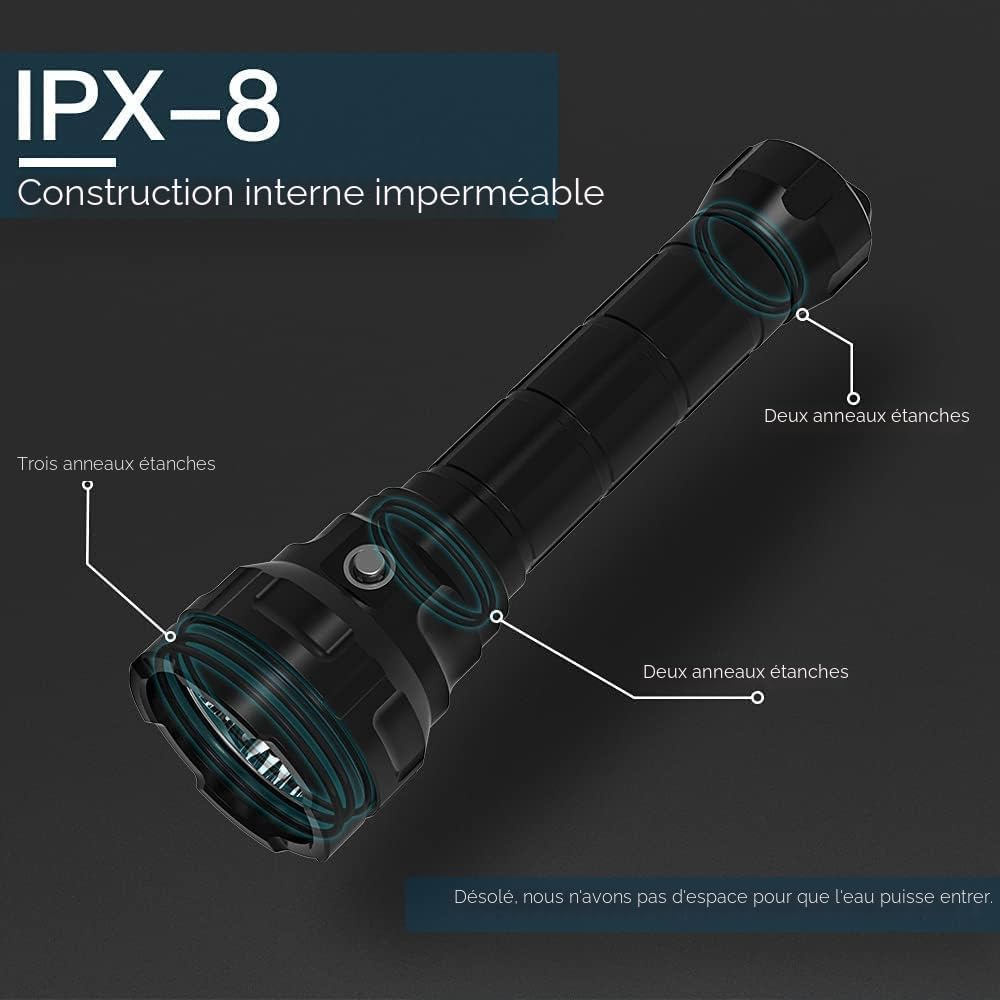 Wurkkos DL70 Lampe de plongée 13000 lumens, 4 * XHP50.2 LED torche sous-marine, torche de plongée super lumineuse à lumens élevés, Avec alimentation rechargeable 2 * 5000mAh et chargeur