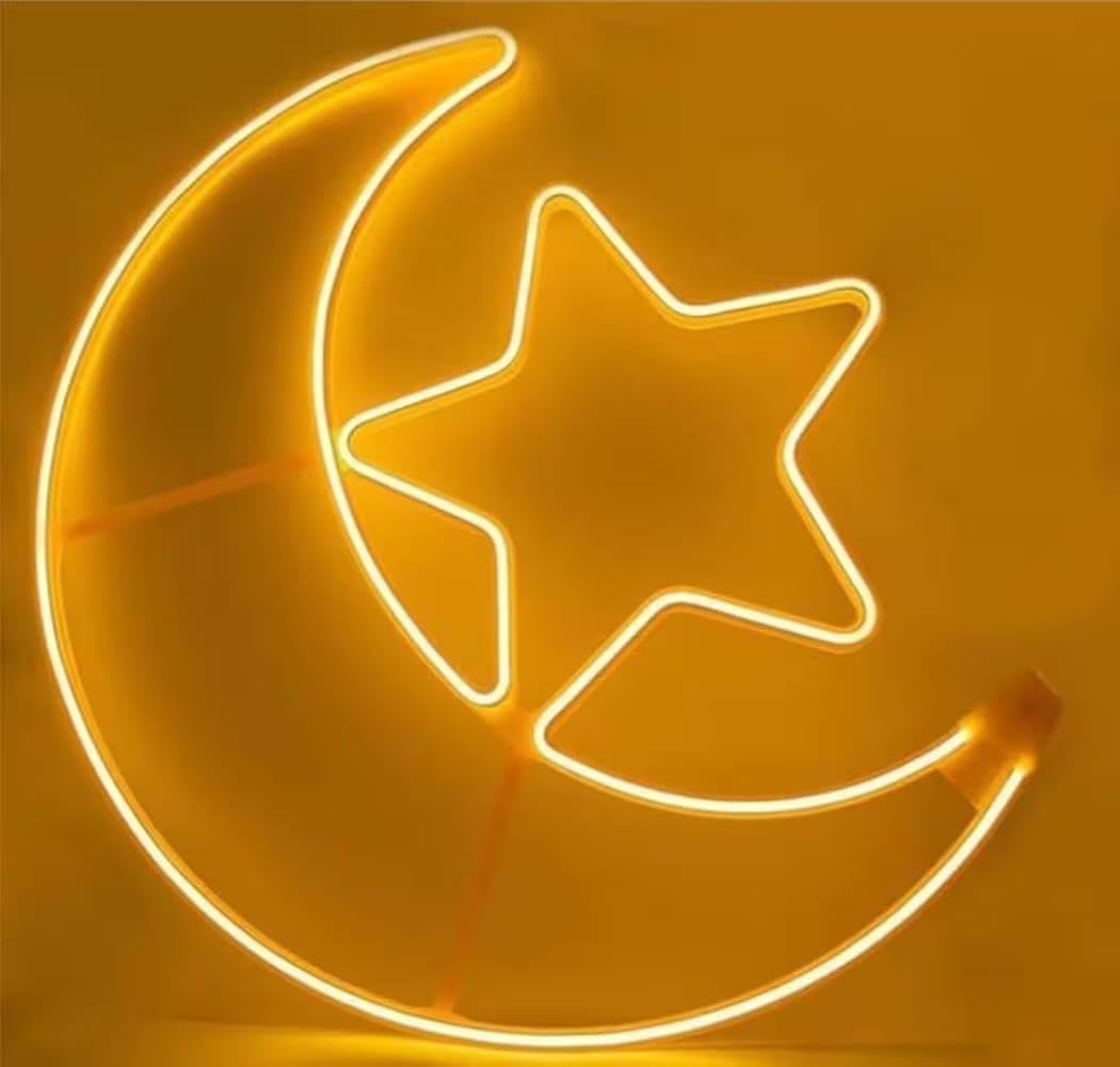 Large Crescent Moon and Star Lamp, Ramadan Decorations, Warm White, 60cm, for Living Room, Bedroom, Outdoor, Balconies, Eid Celebrations