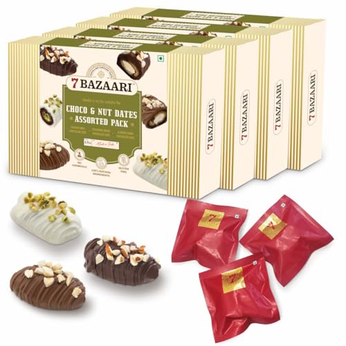 Image of 7 BAZAARI Premium Choco & Nut Dates - Gluten Free, Natural Ingredients - Assorted Almond Dark Chocolate, Cashew Milk Chocolate- 6Pcs (Pack of 4),456 G