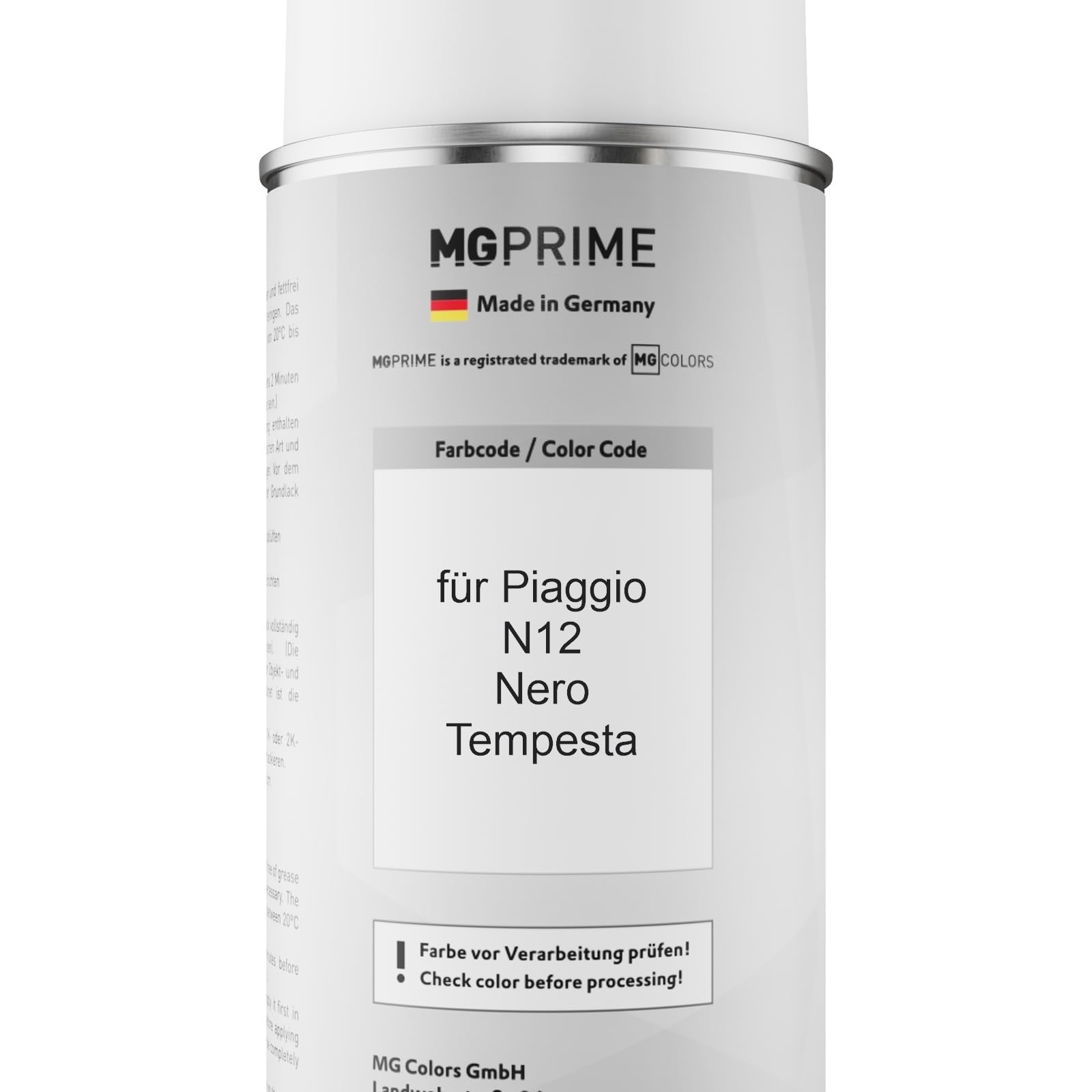 MG PRIME Lakier samochodowy w sprayu do Piaggio N12 Nero Tempesta +2K