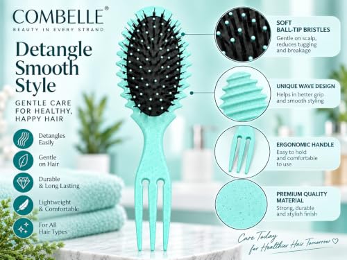 Image of COMBELLE Curl Defining Detangler Brush for Curly Hair - Vegan Fiber & Nylon Bristle Paddle Brush with Comb Handle for Frizz-Free Styling & Scalp Massage
