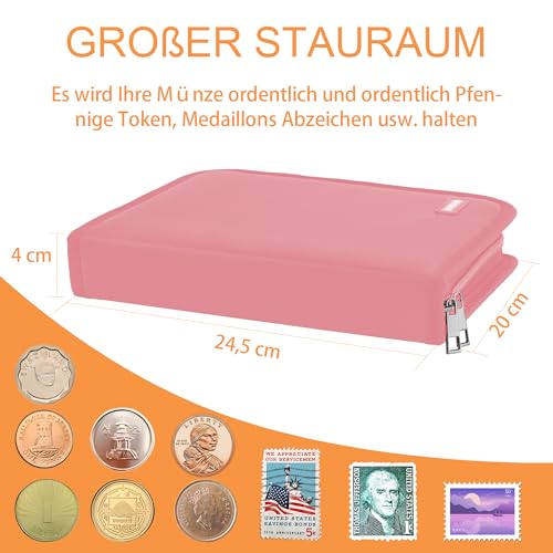 JUNDUN Feuerfestes Münzsammelalbum für Sammler, 260 Taschen Münzsammelbuch mit Reißverschlüsse, Münzsammelorganisator Aufbewahrungsbox Album für 20/25/27/30/38mm Münzen(Rosa)