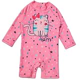 ALUCIC Mädchen Badeanzug Bademode Schwimmanzug Baby Kinder Einteiler UV-Schutz Badebekleidung mit Sonnenhut(Rosa, 128-134)