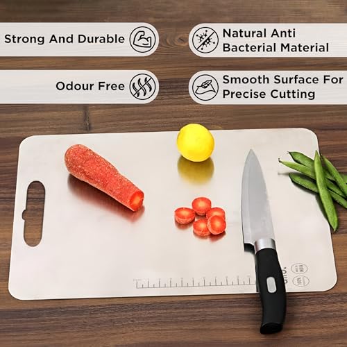Image of Allo Premium Stainless Steel Chopping Board with Handle (31 x 21 cm) - Large Heavy-Duty Metal Cutting Board for Kitchen, Knife Friendly | Vegetable & Fruit Cutter SS Pad