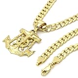 14k Gold Plated on Brass Hip Hop Anchor Pendant w/6mm 30