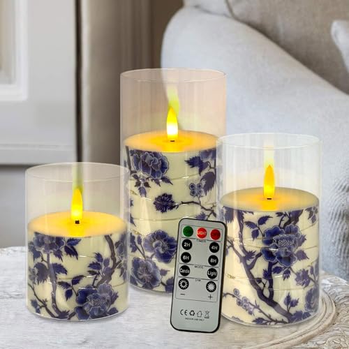 Image of Floral Flickering Flameless Candles, Recessed String Light LED Candles 3D Wick Acrylic Battery Operated LED Pillar Candles with Remote and Timer for Home Decor Set of 3(Blue Floral Printed)