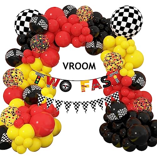 Amandir Race Car Birthday Party Decorations For Boys, 121Pcs Race Car Balloons Garland Arch Kit Traffic Light Red Yellow Black Checkered Flag Foil Balloons For Racing Car Truck Birthday Party Supplies #TOP11