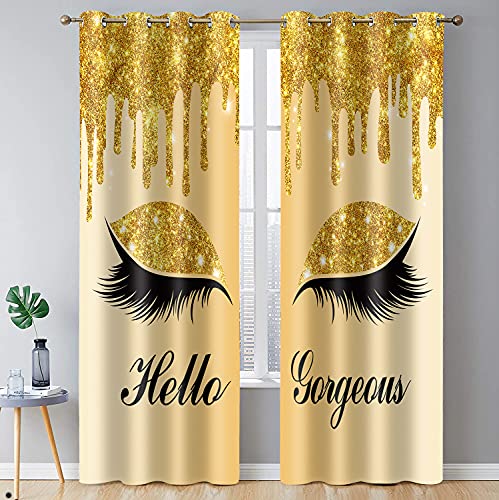 BSPPTI Hello Gorgeous Unicorn Eyelash Window Drapes, (No Glitter No Sequin) Yellow Drips Room Darkening Thermal Insulated Grommets Curtains, for Living, Bedroom, 52"x 84", 2 Panels, CLLSSP917
