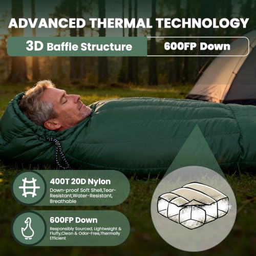 Saco de dormir momia OMVMO de plumas con 600 Fill Power, caja térmica para pies, portátil para camping todo el año miniatura 3