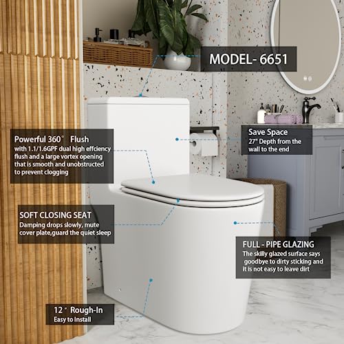 Image of Dual Flush Elongated Standard One Piece Toilet with Comfortable Seat Height, Powerful & Quiet Dual Flush Modern Toilet, 12'' Rough-In, Glossy White，6651
