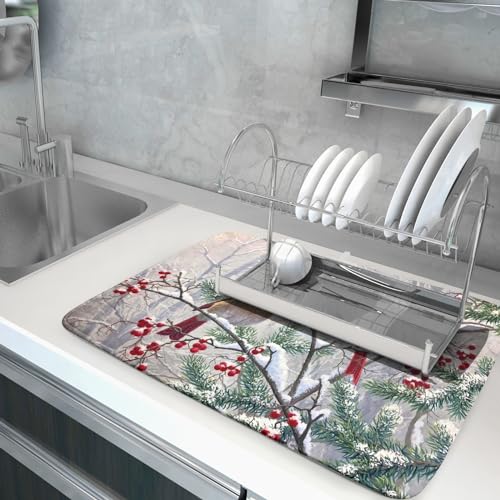 Giwawa RED BIRD DRYING MAT 18X24 Red Bird Dish Drying Mat Merry Christmas Dishes Pad Absorbent Fast Dry Dish Drainer Mat Protector thumb #4