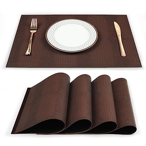 fanquare Faux Leather Placemats, 4 Pieces Table Mats with Crocodile-Skin Texture, Double-Sided Place Mats for Office Conference Table, Dining Home Decor Brown