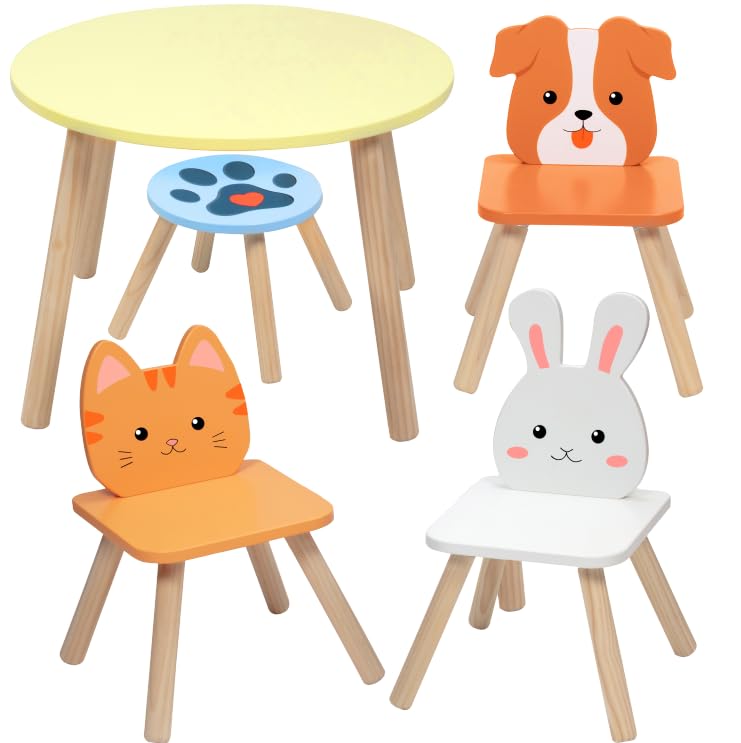 Kids-Wooden-Animal-Table-Chair-Set-w-4-Seats-Puppy-Kitten-Bunny-Plus-Adult-Stool-for-Arts-Crafts-Activity-Dining-Pretend-Play-Durable-Playroom-Furniture-for-Home-Daycare-Classroom-Toddler-Gift Kids Wooden Animal Table Chair Set w 4 Seats Puppy Kitten Bunny Plus Adult Stool for Arts Crafts Activity Dining Pretend Play Durable Playroom Furniture for Home Daycare Classroom Toddler Gift