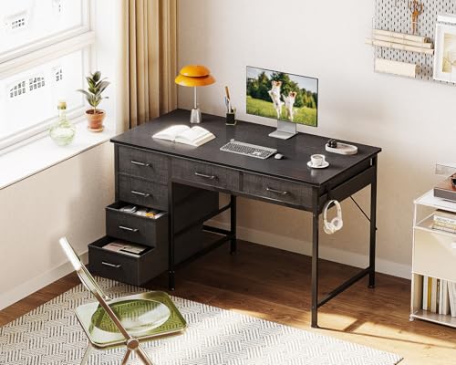 Image of ODK Computer Desk with 6 Drawers, 40 Inch Small Desk with Storage, Reversible Desk with Headphone Hook for Home Office, Work Study Table for Bedroom, Black