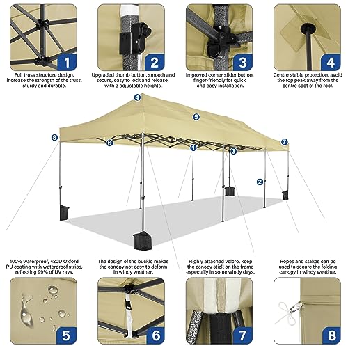 Image of COBIZI 10x30 Heavy Duty Pop Up Canopy Tent with 8 Sidewalls Thicken Frame, Commercial Easy Up Outdoor Wedding Party Tents, All Season Waterproof Windproof with Stakes Sandbags Ropes Roller Bag, Khaki